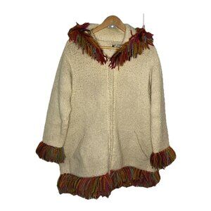 Vintage World Folk Arts Cardigan Womens Wool Fringed Boho Long Line Full Zip